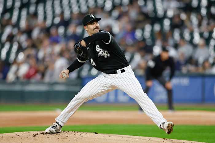 Sep 29, 2023; Chicago, Illinois, USA; Chicago White Sox starting pitcher Dylan Cease (84) delivers a pitch against the San Diego Padres during the first inning at Guaranteed Rate Field. Mandatory Credit: Kamil Krzaczynski-USA TODAY Sports